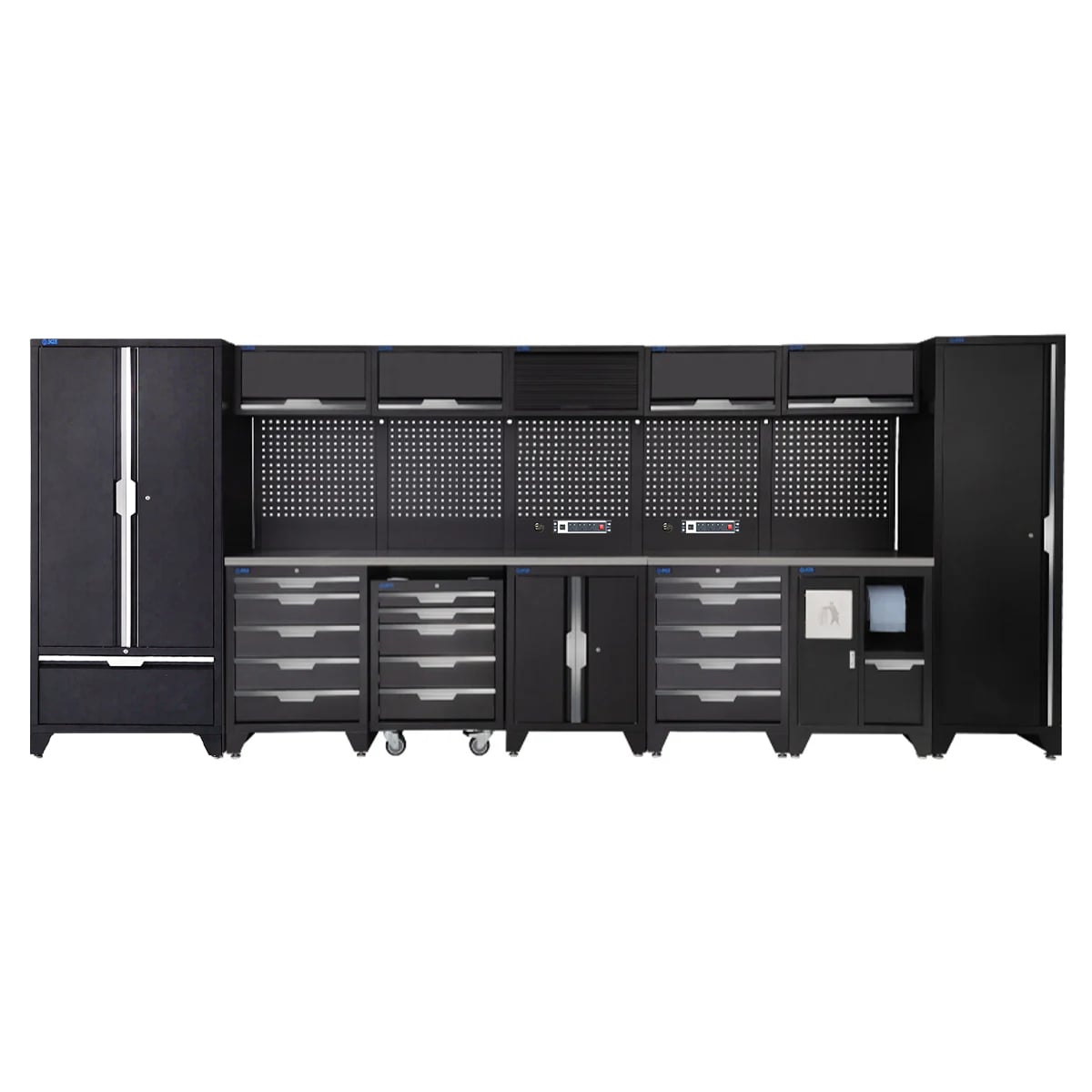 SGS 17pc Garage Storage System | 15 Drawers | Stainless Steel Worktop | Tall Single & Double Cabinet with Drawer | Bin Unit | Floor Cabinet | 5x Upper Cabinets | 2x Pegboards with Power Strip